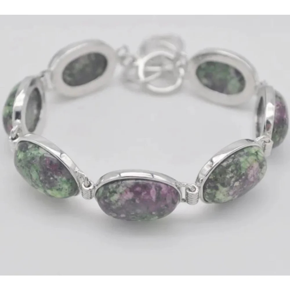 Women's Pink Green Zoisite Gemstone Sterling Silver Bracelet Adjustable